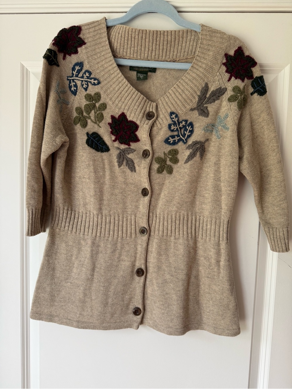 Eddie Bauer Women’s Embroidered Beige Cardigan Sweater, 3/4 Sleeve, Large Tall